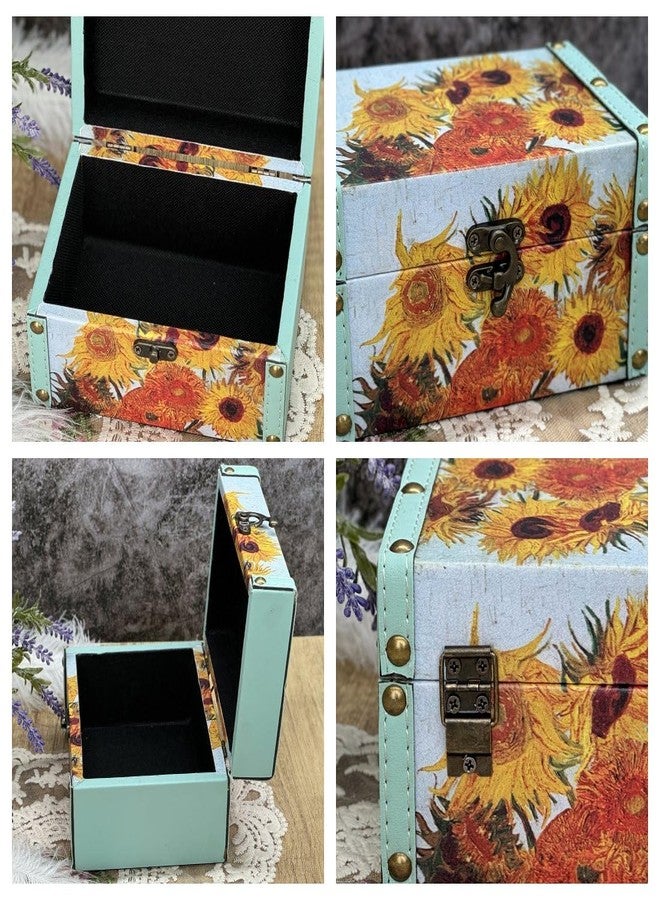 Amedoo Treasure Box Vintage Wooden + PU Leather Decorative Storage Boxes Trinket Jewelry Box Memento Case Box Keepsake Box With Lids Gifts For Kids Girls Women Home Decor (Sunflowers) - Image 3